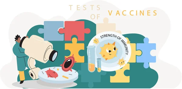 Antivirüs aşısı. Bilimsel araştırmaları yürüten bilim adamları laboratuvar asistanlarından oluşan bir takım test tüpü sahnesi hazırladılar. — Stok Vektör