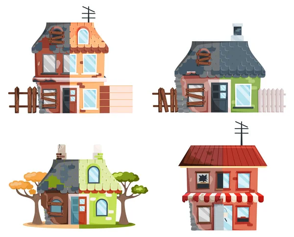 Remont domu, stary dom przed i po remoncie. Nowy i stary domek na przedmieściach. Budowa nowego budynku — Wektor stockowy