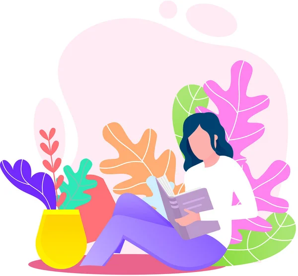Mujer joven leyendo libro, estudiando en casa, amantes del libro hobby — Vector de stock