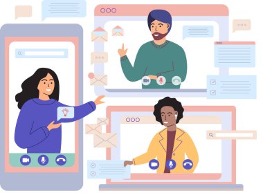 Sanal toplantı, online takım çalışması. Video konferansına katılan bir grup meslektaşla bilgisayar