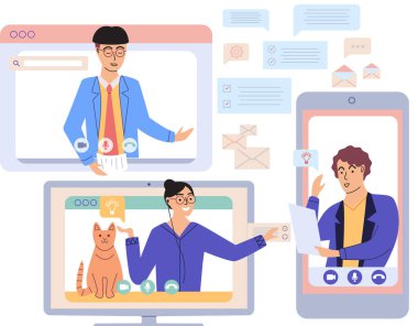 Sanal toplantı, online takım çalışması. Video konferansına katılan bir grup meslektaşla bilgisayar