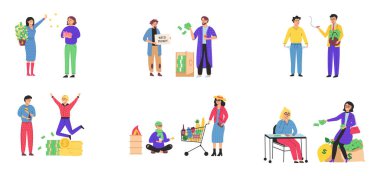 Zengin ve fakir insanlar kavramı. Mutlu gülümseyen zengin ve mutsuz zavallı insanlar. Sosyal sınıflar