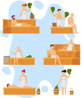 Sauna ve buhar odası. Saunada bir grup insan. İnsanlar banya 'da huş süpürgeleriyle rahatlar ve buharlaşır.