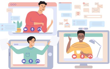 Sanal toplantı, online takım çalışması. Video konferansına katılan bir grup meslektaşla bilgisayar