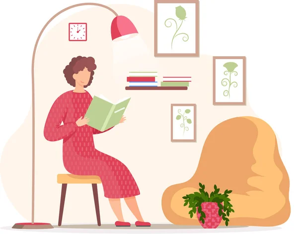 Молода жінка читає книгу, сидить у кріслі у вітальні, вчиться вдома, любителі книги хобі — стоковий вектор