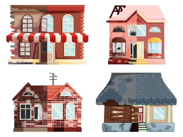 Home renovation, old house before and after repair. New and old suburban cottage. Remodel building — Stock Vector
