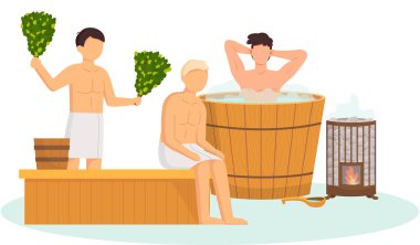 Sauna ve buhar odası. Saunada bir grup insan. İnsanlar banya 'da huş süpürgeleriyle rahatlar ve buharlaşır.