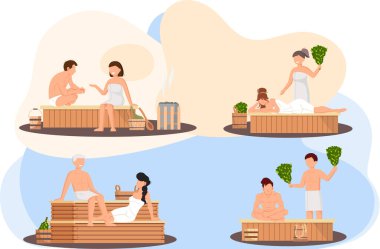 Sauna ve buhar odası. Saunada bir grup insan. İnsanlar banya 'da huş süpürgeleriyle rahatlar ve buharlaşır.