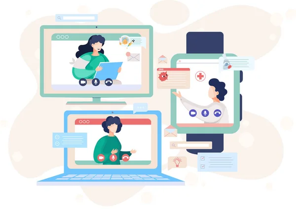 Online doktersconferentie, consult via uw smartphone. Concept voor medische app en websites — Stockvector