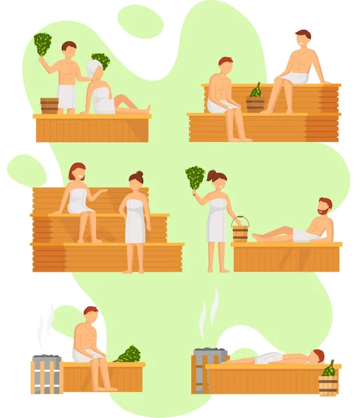 People and wellness spa procedures bathing in Finnish sauna or Russian bath set of illustrations