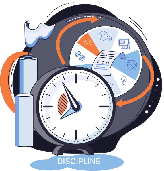 Метафора щоденного розкладу, щоденна справа людина, показники дисципліни час для відпочинку, роботи, сну, їжі — стоковий вектор