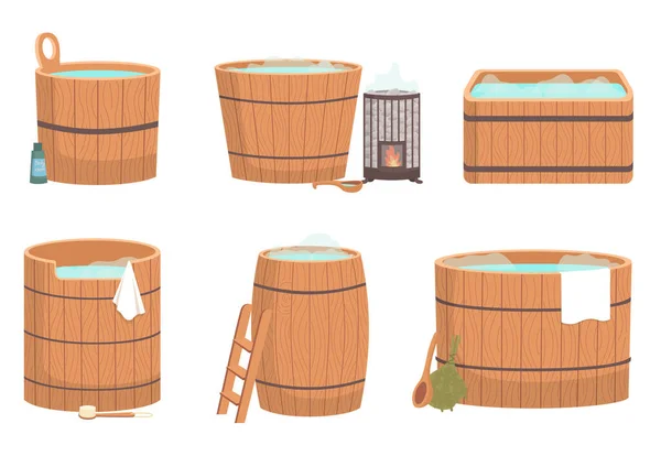 Set of wooden tub for bath. Pot, bucket with blue water. Cracks in boards. Sauna water basin icon — Stock Vector