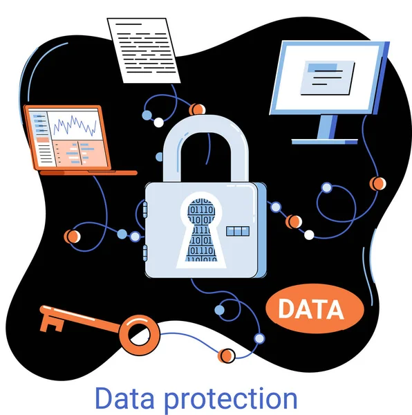 Datenschutz, Privatsphäre, Internetsicherheit. Sicheres Datenmanagement schützt Daten vor Hackerangriffen Metapher — Stockvektor