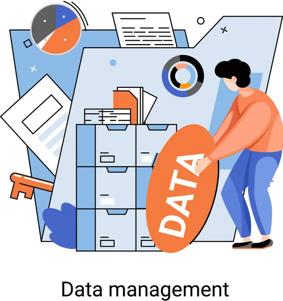 Veri yönetimi metaforu, veri merkezi, iş koruma, bilginin rasyonel depolanması, dijital mahremiyet — Stok Vektör