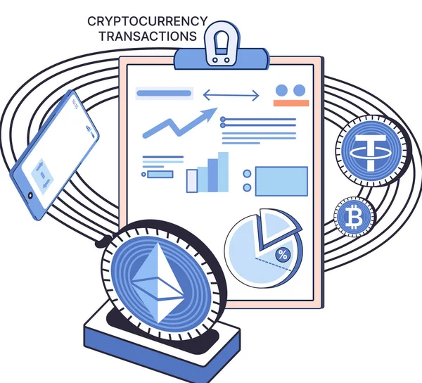 Kriptovaluta csere és tranzakciók. Bitcoin, Ethereum platform. Pénzpiac, pénzügyi kereskedelem — Stock Vector