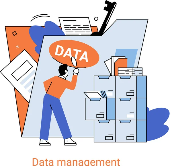 Gerenciamento de dados, data center, proteção empresarial, armazenamento racional de informações, privacidade digital — Vetor de Stock