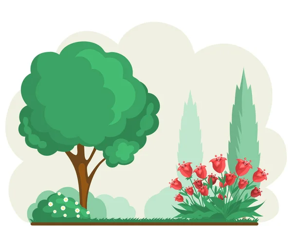 Paisagismo, jardinagem, trabalhar com o conceito de plantas. Paisagem jardim com arbustos e árvores —  Vetores de Stock