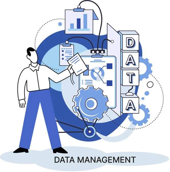 Metafora della gestione dei dati, data center, protezione aziendale, archiviazione razionale delle informazioni, privacy digitale — Vettoriale Stock