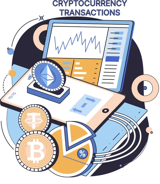 Cryptocurrency exchange and transactions. Bitcoin, Ethereum platform. Money market, finance trading — Stock Vector
