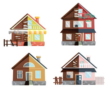 Tadilattan önce ve sonra eski bir ev. Yeni ve eski banliyö kulübesi. Binayı sil