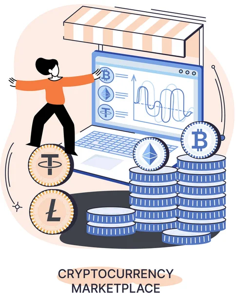 Дизайн криптовалютного рынка с женским криптовалютным трейдером работает с ноутбуком. Биткойн — стоковый вектор