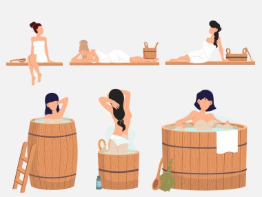 Oturan ve sauna sahnelerinde dinlenen bir kadın. Hamam ya da banya. Sağlık kaplıcalarının tadını çıkarıyorum.