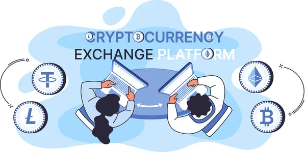 Cryptocurrency exchange and blockchain. Bitcoin, Ethereum platform. Money market, finance trading — Stock Vector