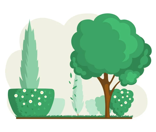 Bahçe düzenleme, bahçıvanlık, bitki konseptiyle çalışma. Çalıları ve ağaçları olan bahçe manzarası — Stok Vektör