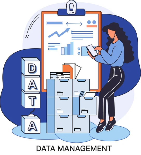 Metáfora de gestión de datos, centro de datos, protección empresarial, almacenamiento racional de información, privacidad digital — Vector de stock