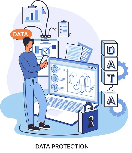 Datenschutz, Privatsphäre, Internetsicherheit. Sicheres Datenmanagement schützt Daten vor Hackerangriffen Metapher — Stockvektor