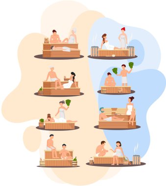 Sauna ve buhar odası. Saunada bir grup insan. İnsanlar banya 'da huş süpürgeleriyle rahatlar ve buharlaşır.