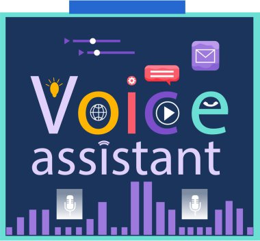 Ses asistanı afişi. Web siteleri için ses tanıma düz vektör yazılımına sahip akıllı konuşmacı