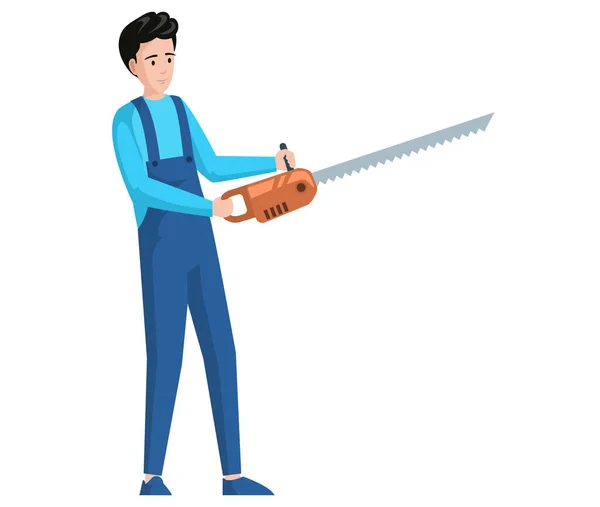 L'homme se tient avec une scie. Homme tenant un outil pour couper les arbres, démarrer une tronçonneuse, travailler avec un équipement — Image vectorielle
