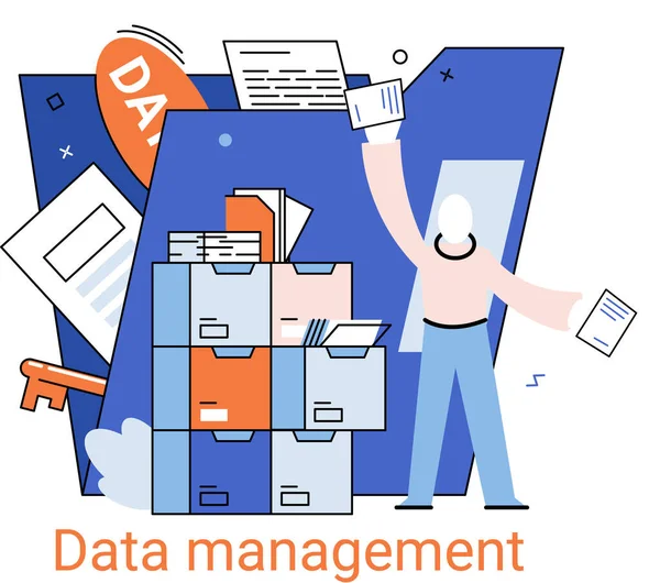 Metafora della gestione dei dati, data center, protezione aziendale, archiviazione razionale delle informazioni, privacy digitale — Vettoriale Stock