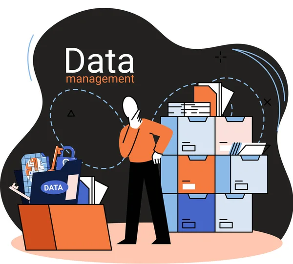 Управление данными, дата-центр, защита бизнеса, рациональное хранение информации, цифровая конфиденциальность — стоковый вектор
