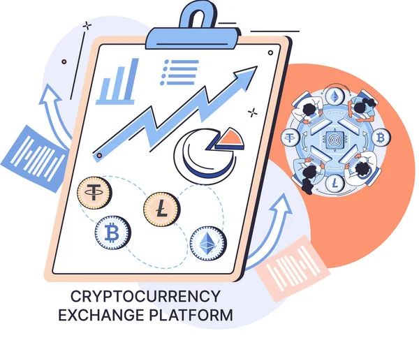 Échange crypto-monnaie et blockchain. Bitcoin, plate-forme Ethereum. Marché monétaire, négociation financière — Image vectorielle