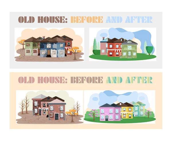 Casa renovação, casa velha antes e depois do reparo. Casa de campo suburbana nova e velha. Remodelar edifício —  Vetores de Stock