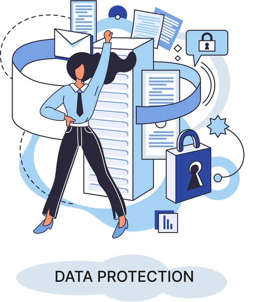 Dataskydd, integritet, internetsäkerhet. Säker datahantering skyddar data från hackerattacker — Stock vektor