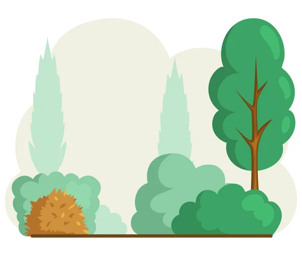 Tuin, gazon met bijgesneden struiken en bomen. Landschapsontwerp met groene ruimtes, gras, thuja — Stockvector