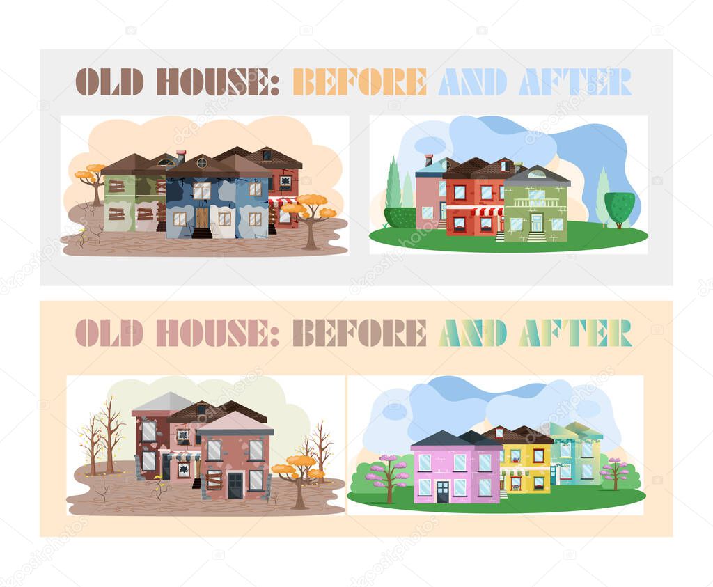 Home renovation, old house before and after repair. New and old suburban cottage. Remodel building