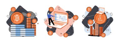 Kripto piyasa tasarımı. İnsan kripto tüccarı dizüstü bilgisayarla çalışır. Bitcoin aktarımları metaforu