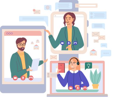 Sanal toplantı, online takım çalışması. Video konferansına katılan bir grup meslektaşla bilgisayar