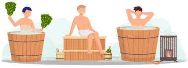 Sauna ve buhar odası. Saunada bir grup insan. İnsanlar banya 'da huş süpürgeleriyle rahatlar ve buharlaşır.