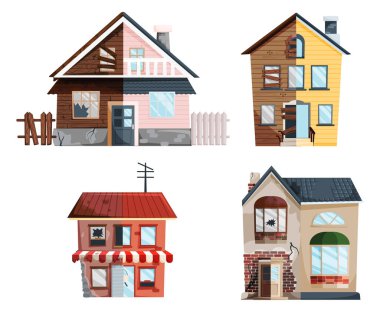 Tadilattan önce ve sonra eski bir ev. Yeni ve eski banliyö kulübesi. Binayı sil