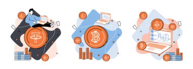 Kripto piyasa tasarımı. İnsan kripto tüccarı dizüstü bilgisayarla çalışır. Bitcoin aktarımları metaforu