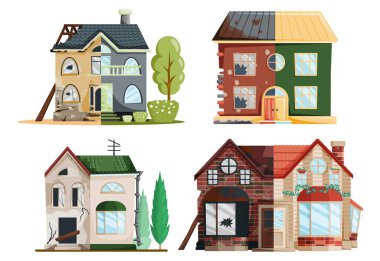 Tadilattan önce ve sonra eski bir ev. Yeni ve eski banliyö kulübesi. Binayı sil