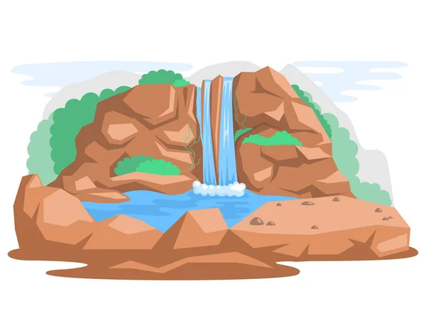 岩石上流着水的风景。自然景观，瀑布式自然地标 — 图库矢量图片