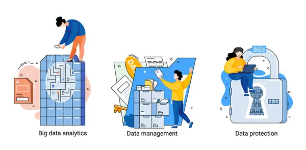 Big Data Analytics-Plattform, Datenmanagement und Datenschutz kreative Metapher setzen abstraktes Konzept — Stockvektor