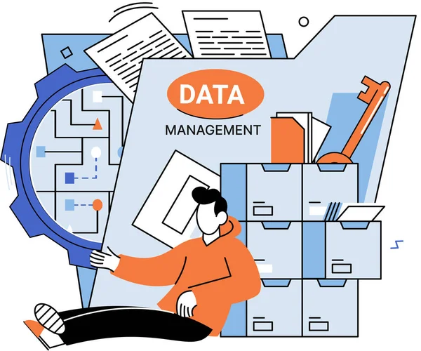 Datenmanagement-Metapher, Rechenzentrum, Unternehmensschutz, rationale Speicherung von Informationen, digitale Privatsphäre — Stockvektor