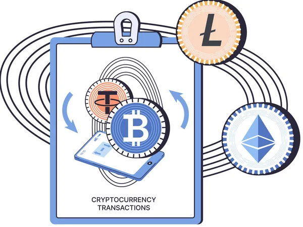 Обмен криптовалют и операции. Биткойн, Эфириумская платформа. Денежный рынок, финансовые операции — стоковый вектор